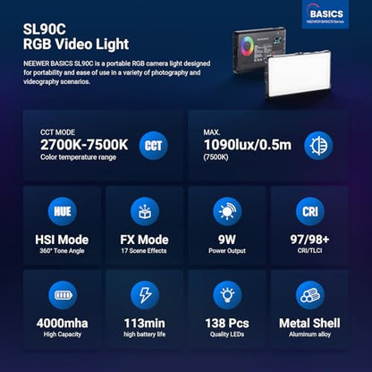 NEEWER Basics Full RGB Camera Video Light with Desk Tripod Stand, 8W CRI97 2700K-7500K 17 Scenes 4000mAh Portable Metal Small LED Panel Lighting for DSLR Streaming Photography Video Recording, SL90C