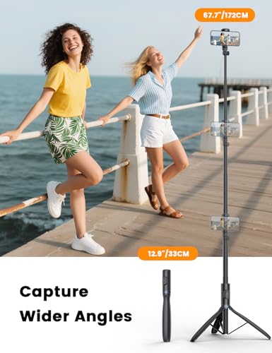 ANXRE 67.7" Selfie Stick Tripod with Light, NT99 Extendable Tripod Stand with Remote for Camera Phone Filming Vlogging, Travel Phone Tripod Compatible with Phone Camera Gopro - size: 67.7"-Light