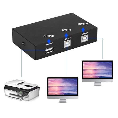 EEEKit 2 Port USB 2.0 Manual Sharing Switch Hub, Printer Scanner Splitter Adapter with 2 Pack USB A to B Cables