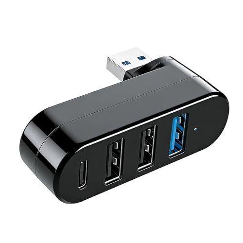 4-Port USB 3.0 Hub [90°/180° Rotatable], USB Splitter with 1 USB 3.0 & 2 USB 2.0 Ports Plus PD-in 5W USB-C Data Port, USB Extender Hub for Laptop, Car & More USB Multiport Adapter Devices
