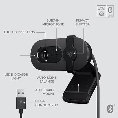 Logitech Brio 105 Full HD 1080p Business Webcam with Auto-Light Balance, USB-A, Privacy Shutter, Easy Set-Up, Compatible with Windows, macOS, ChromeOS