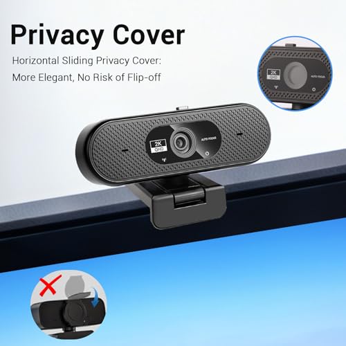 Hprosper 2K Webcam with Microphone, Automatic Light Correction & Privacy Cover, Wide Angle USB Camera for PC, Laptop, Mac, Zoom, Gaming, Streaming, Conference Room, Video Conferencing