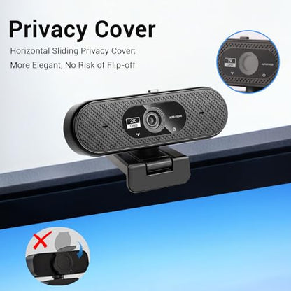 Hprosper 2K Webcam with Microphone, Automatic Light Correction & Privacy Cover, Wide Angle USB Camera for PC, Laptop, Mac, Zoom, Gaming, Streaming, Conference Room, Video Conferencing