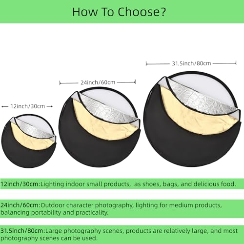 5-in-1 Photography Reflector 24"(60cm), Multi-Disc Collapsible Light Reflector with Bag - Super Portable for Studio/Macro Photography - Translucent, Silver, Gold, White and Black - size: 24”/60cm