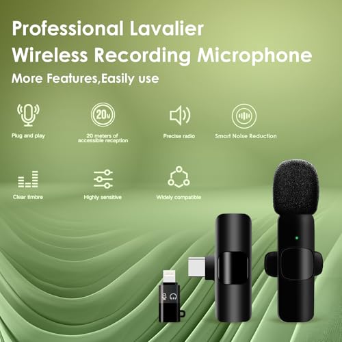 Hailanbao 2-in-1 Wireless Lavalier Microphone for iPhone/Android/Camera/USB-C – Noise Cancelling Lapel Mic, 7-Hour Mini Clip-On Battery, for Vlogging, YouTube, TikTok, Live Streaming & Video Recording