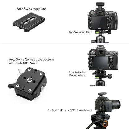 Quick Release Plate System, Aluminum Alloy Arca-Swiss Compatible Base and Top Plate with 1/4" & 3/8" Mounts for DSLR, Tripod, Gimbal, and Slider (11lbs Load Capacity)