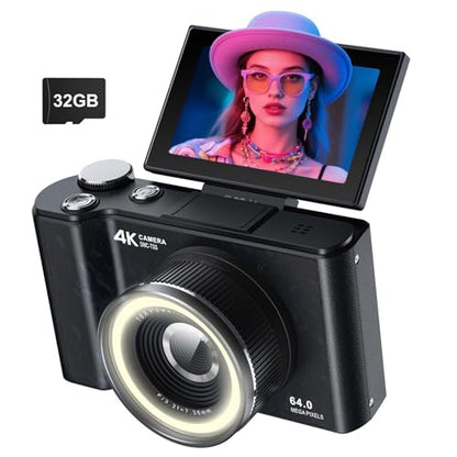 W & O Digital Camera for Teens,Y2K CCD Kids Digital Camera with 32G SD Card,180° Flip Screen Camera for Photography Vlogging with Fill Light, Point and Shoot Digital Cameras for Beginner(Black) - color: Black