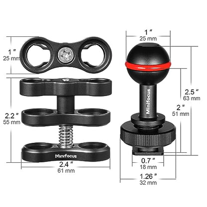 MINIFOCUS 1'' Ball Clamp Mount with Cold Shoe Ball Mount Head Base Adapter Connector for Diving Light Arm Underwater Camera Waterproof Housings Case Video/Flash/Strobe Hot Shoes - color: Cold Shoe&Clamp