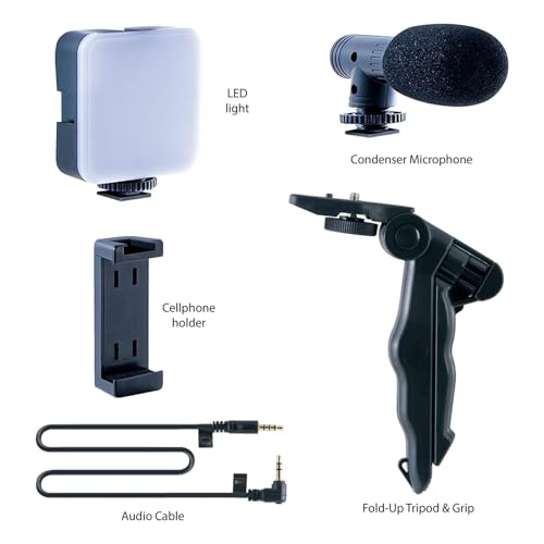 Vlog Starter Set with Tripod Adjustable Light Microphone & Phone Clip for Live Streaming Video Conference Grip Tripod with Phone Holder