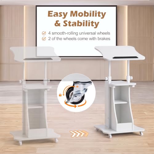 Tangkula Mobile Lectern Podium, Height Adjustable Podium Stand, Standing Sit-to-Stand Desk, Rolling Cart Laptop Desk with Swivel Top Movable Wheels & Storage - color: White, size: 20" x 16" x 44"