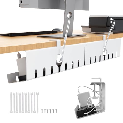 Syeeiex Under Desk Cable Management Tray, 34" Total Length (17"×2 Set), No-Drill C-Clamp & Screw Mount, Heavy Duty Metal Cord Organizer with 10 PCS Cable Ties, for Office Home Workspace, White, 2-Pack - color: White, size: 34"