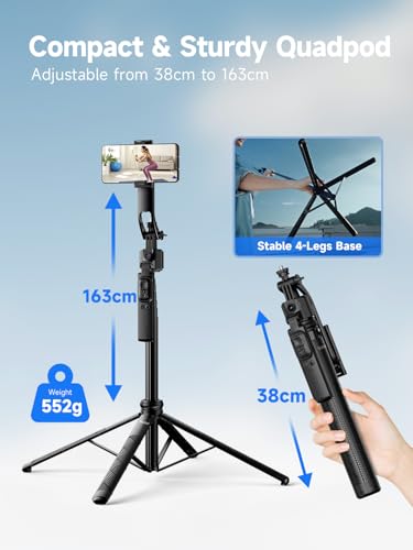Rollei Auto Face Tracking Tripod, Smartphone Gimbal Stabilizer 64'' Selfie Stick Tripod Holder 360° Rotation for iPhone/Android Stand for Filming Streaming Tiktok Video Vlog - style: Easy Creator Quadpod