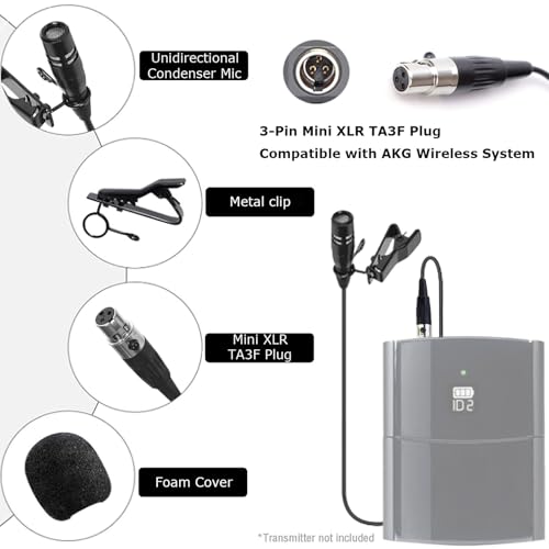 Lavalier Lapel Microphone Unidirectional Condenser Super Cardioid Mic Compatible with AKG Wireless Bodypack Transmitter System with Mini XLR 3 Pin TA3F Plug - style: Mini XLR 3 Pin TA3F Plug Compatible with AKG Only