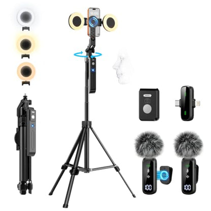 yAyusi Magnetic Vlogging Kit for iPhone/Android, 71" Auto Face Tracking Tripod for iPhone with Light, Magnetic Microphone/Remote Control, Content Creator Essentials Starter Kit for TikTok and YouTube