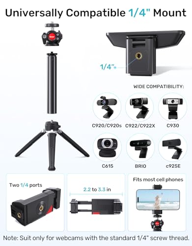 Webcam Tripod Stand, Height Extendable Tripod with 360° Swivel Balhead for Webcam/Camera/Phone, for NexiGo N60 Logitech Webcam C920 C922 C922x C925e C930 C930e C615 Brio 4K with 1/4" Thread