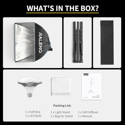 RALENO Softbox Photography Lighting Kit, 16'' x 16'' Softbox Lighting for TikTok with LED Bulb (50W | 5500K | 97 CRI | TLCI≥97), Continuous Light for Video Recording & Photography Shooting