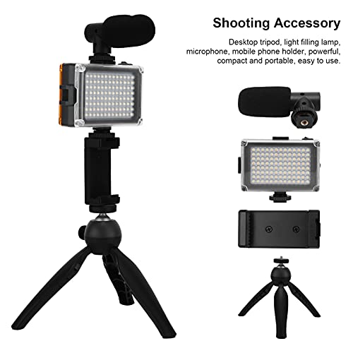 Portable Live Video Kit Mobile Phone Photography Set with Fill Light Microphone Tripod Phone Holder for Vloggers Content Creators (Black) - color: Black