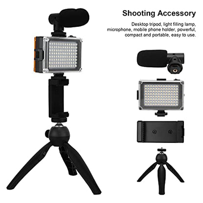 Portable Live Video Kit, Mobile Phone Photography Set with Fill Light Microphone Tripod and Phone Holder for Vlogging Live Streaming (Black) - color: Black