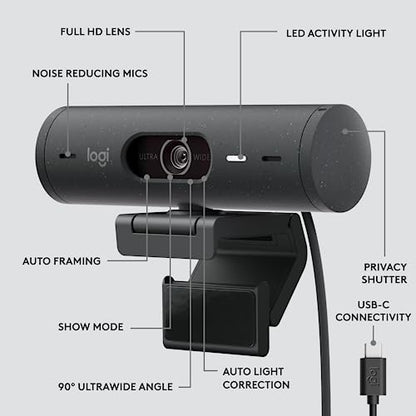 Logitech Brio 505 Full HD 1080p Webcam with auto Light Correction, framing, Dual Noise Reduction mics, Privacy Shutter - Works with Teams, Meet, Zoom, TAA Compliant.