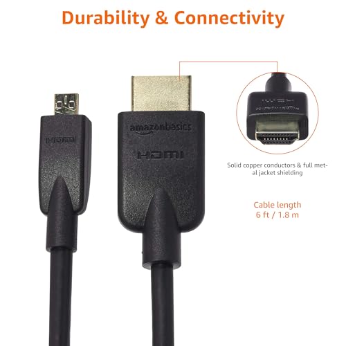 Amazon Basics Micro HDMI to HDMI Cable, 18Gbps High-Speed, 4K@60Hz, 2160p, 48-Bit Color, Ethernet Ready, 6 Foot, Black