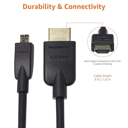 Amazon Basics Micro HDMI to HDMI Cable, 18Gbps High-Speed, 4K@60Hz, 2160p, 48-Bit Color, Ethernet Ready, 6 Foot, Black