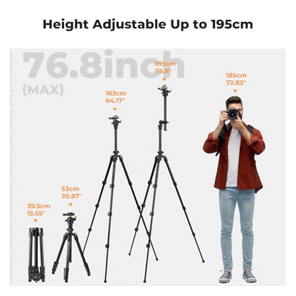 K&F Concept 76 inch Camera Tripod with Rotatable Multi-Angle Center Column,Lightweight Travel Outdoor DSLR Tripods with 360 Degree Ball Head Load Capacity 8kg/17.6lbs, Cellphone Clips for Smartphone