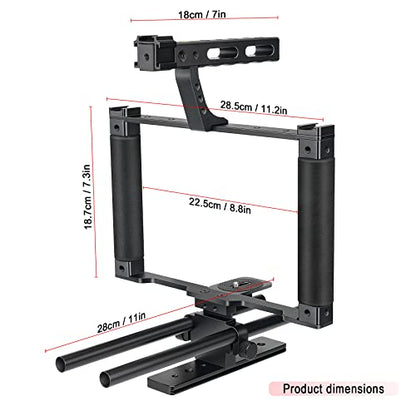 Universal Aluminum Alloy DSLR Mirrorless Camera Camcorder Stabilizer Extension Cage Mount for Mic Monitor Light, Movie Making Rig YouTube Tiktok Vlogging Video Kit w/Phone Holder for Canon Sony Nikon