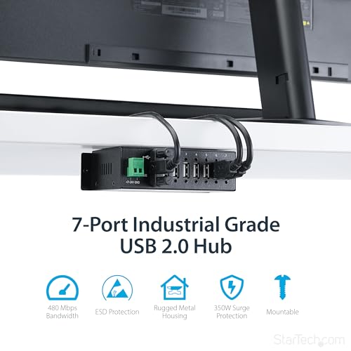 StarTech 7-Port Industrial USB 2.0 Hub, Mountable, TAA (ST7200USBM) | Steel housing, 15kV ESD and 350W surge protection, DIN/wall/desk mountable, 7-24V DC terminal block, USB expander