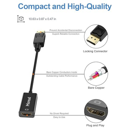 Moread 4K DisplayPort (DP) to HDMI Adapter, Uni-Directional Gold-Plated Display Port Computer to HDMI Screen Converter (Male to Female) Compatible with HP, Dell, Lenovo & More, Passive - Black