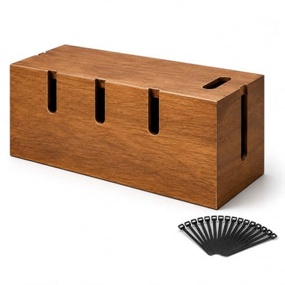 Cable Management Box for Desk & TV, Wooden Cord Hider Box for Power Strips, Chargers & Cords, Decorative Cable Organizer with 20 Reusable Cable Ties, Brown