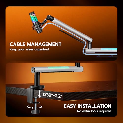 ARES WING Aluminum Low Profile Mic Arm with RGB Light, Adjustable Microphone Boom Arm with 4.4 lbs Load Capacity, 3/8” to 5/8” Screw Adapter, Desk Mount Mic Stand for Gaming Streaming Podcasting
