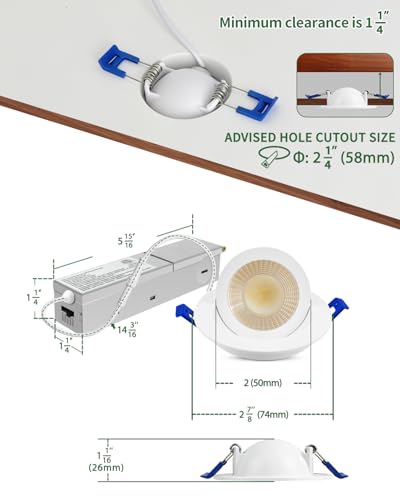 zouzai 2 Inch Gimbal LED Recessed Lights, White, 6 Pack, with Junction Box, 360°+ 90° Adjustable, 5CCT 2700K-5000K, Dimmable, Canless Eyeball Downlight, CRI90+, 550LM 5W 120V, ETL - color: White-2 inch, size: 6 Pack