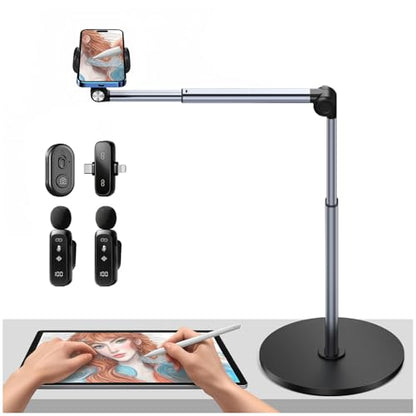 yAyusi Vlogging Kit for iPhone/Android, 13.7 in Long Overhead Phone Mount, Microphone/Remote Control, Flexible Articulating Arm Phone Mount for Desk for Live Streaming, Meeting, Cooking, Filming - size: Microphone