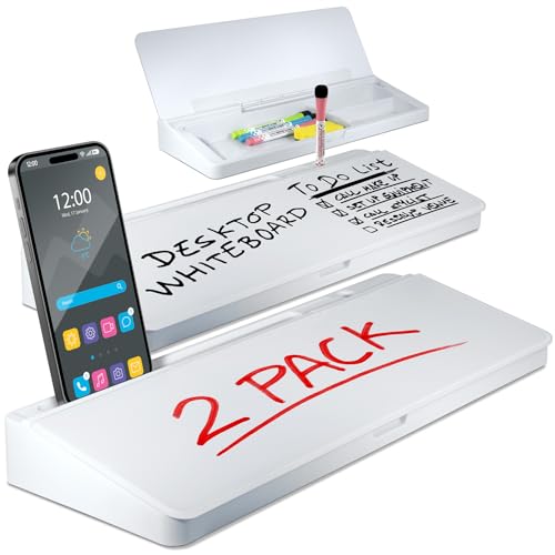 Desktop Whiteboard - Glass Dry Erase White Board - Desk Computer Buddy – Home Office & Studying Essentials - with Phone & Tablet Slot, Storage Compartment - Includes 4 Markers, 1 Eraser (2 Pack) - color: White - 2 Pack