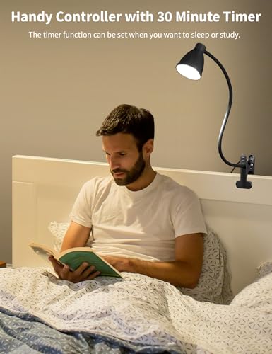 BOHON Desk Lamp 5 Color Modes 10 Brightness Dimmer Reading Light Black | 10W 38 LED Clamp Lamp with Auto Off Timer 360° Flexible Neck Clip on Light for Bed Bedside, AC Adapter Include - color: Black