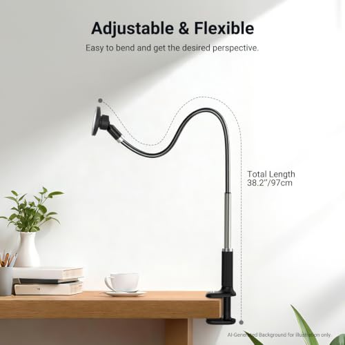 NEEWER Basics Magnetic Phone Stand for Desk, 360° Overhead Table Cellphone Holder Clamp Mount with Flexible Arm, Compatible with MagSafe iPhone Android Samsung for Bed Video Recording, PA151 Black - style: PA151 Black