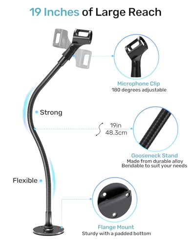19-inch Gooseneck Microphone Holder Stand, Desktop & Wall Mounted, Heavy Duty Flexible Microphone Arm Stand with Flange Mount Base, Ideal for Podium, Studio, Lecture, Podcast, Gaming, Streaming - size: 19 Inch + Flange Mount