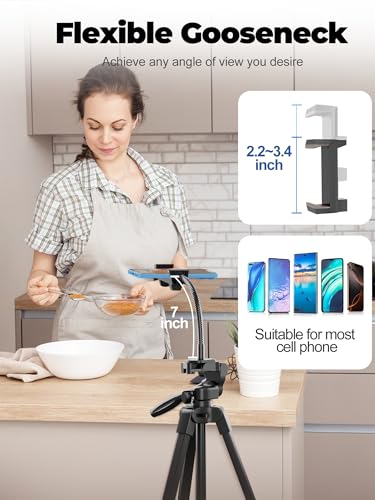 EMART 61’’ Phone Tripod Stand with Flexible Gooseneck, Portable Tripod for iPhone and Camera, Overhead Cellphone Holder with Remote for iPad Tablet Cooking Video Youtuber Vlogging Recording - size: 61in