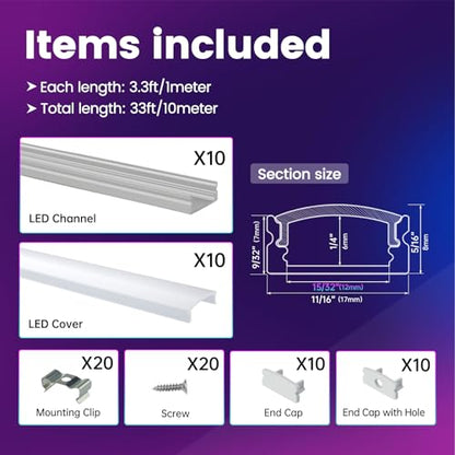 Muzata 10Pack 3.3FT/1M LED Channel Aluminum U Shape Silver LED Strip Diffuser Channel with Milky White Cover Easy Installation U1SW WW 1M - size: 10Pack