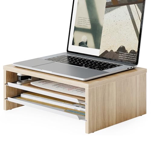 Fenge Monitor Stand, 3-Tier Monitor Riser with Slide-Out Tray, Wooden and Metal Desktop Organizer for Home Office, Computer, Laptop, Printer, Telephone - color: Oak