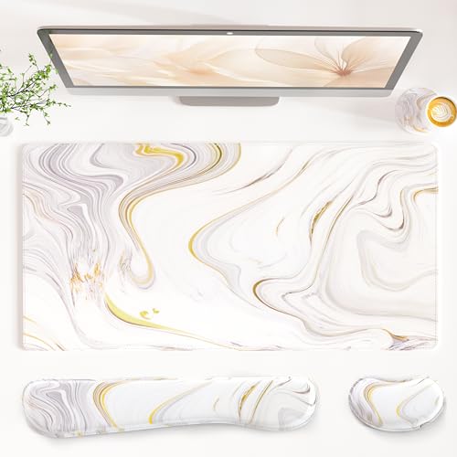 QIYI Leather Desk Mat Set, 4-in-1 Large Mouse Pad with Ergonomic Wrist Rest, Waterproof Desk Pad + Keyboard Wrist Rest + Mouse Wrist Support + Coaster, Non-Slip Office Gaming Accessories, White Marble - color: Gray White Marble