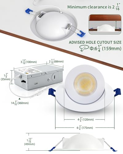 zouzai 6 Inch Gimbal LED Recessed Lights, White, 6 Pack, with Junction Box, 360°+ 90° Adjustable, 5CCT 2700K-5000K, Dimmable, Canless Eyeball Downlight, CRI90+, 1700LM 15W 120V, ETL - color: White-6 inch, size: 6 Pack