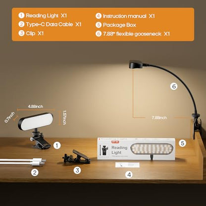 Jasput 2-in-1 LED Clip-On Book & Desk Lamp, Flexible Gooseneck, 3 Color Modes & Dimmable, Rechargeable Reading Light & Video Conference Light for Bed, Desk, Laptop, Study