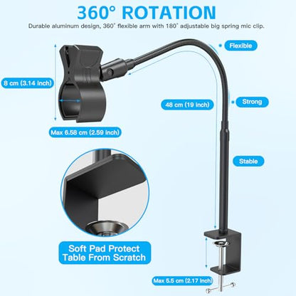 ZealSound Microphone Stand 19inch,Flexible Gooseneck Desktop Mic Stands,Upgraded Microphone Clip Holder for Mics with Outer Diameter 1.03" and 2.59",3/8" to 5/8" Screw Adapter for Blue Yeti and More