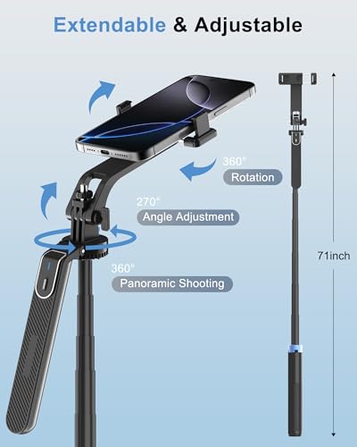 71" 4-Leg Selfie Stick Tripod for GoPro/Osmo Pocket 3/insta360/iPhone/Android, Cell Phone Tripod Stand with Remote & 360 Rotation Pan-Handle for Travel Vlogging Video Recording