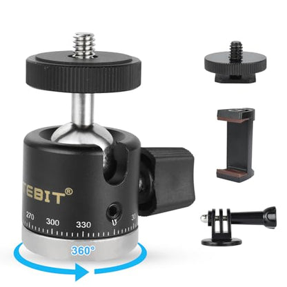 UTEBIT Panoramic Tripod Head with 1/4" Camera Hot Shoe Mount, Black | Mini Ball Head DSLR Camera Mount Adapter Photograph Attachment Accessories for Action Cameras Cam Smartphone Light Microphone - style: 20mm Scale BallHead