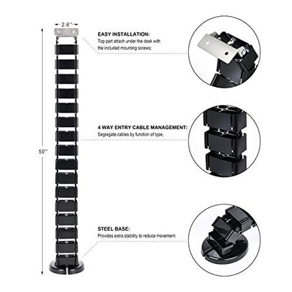 Vertebrae Cable Management Spine, Quad Entry Organizer for Height Adjustable Desk, Black