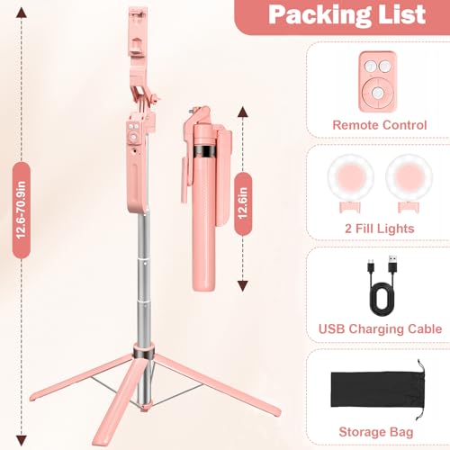 70.9" Auto Face Tracking Selfie Stick Tripod for iPhone with Light, 360° Rotation & Gesture Control, Cell Phone Tripod with Remote for TikTok/Vlog/Live Stream, Compatible with iPhone/Android - color: Pink with 4 Accessories