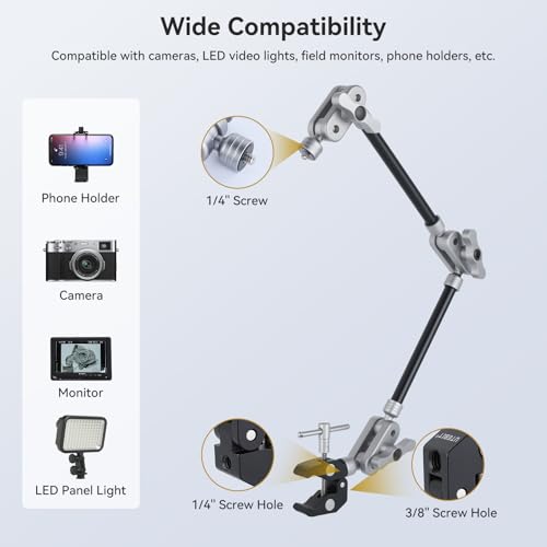 UTEBIT 22" Magic Arm w Clamp Mount, Desk Camera Mount Articulating Friction Boom w Arm 1/4" Thread Adapter, Overhead Desk Phone Mount for Video Light Webcam Microphone Action Camera Content Creators