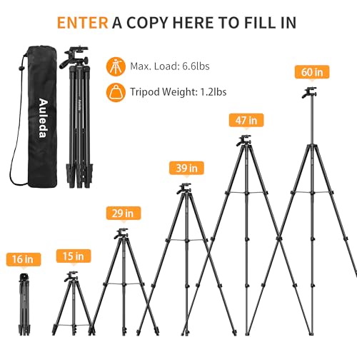 60″ Camera Tripod Lightweight Travel Tripod Stand Compatible with Canon Nikon DSLR Cameras with Wireless Remote Phone Holder and Bag Max Load 6.6 LB Black